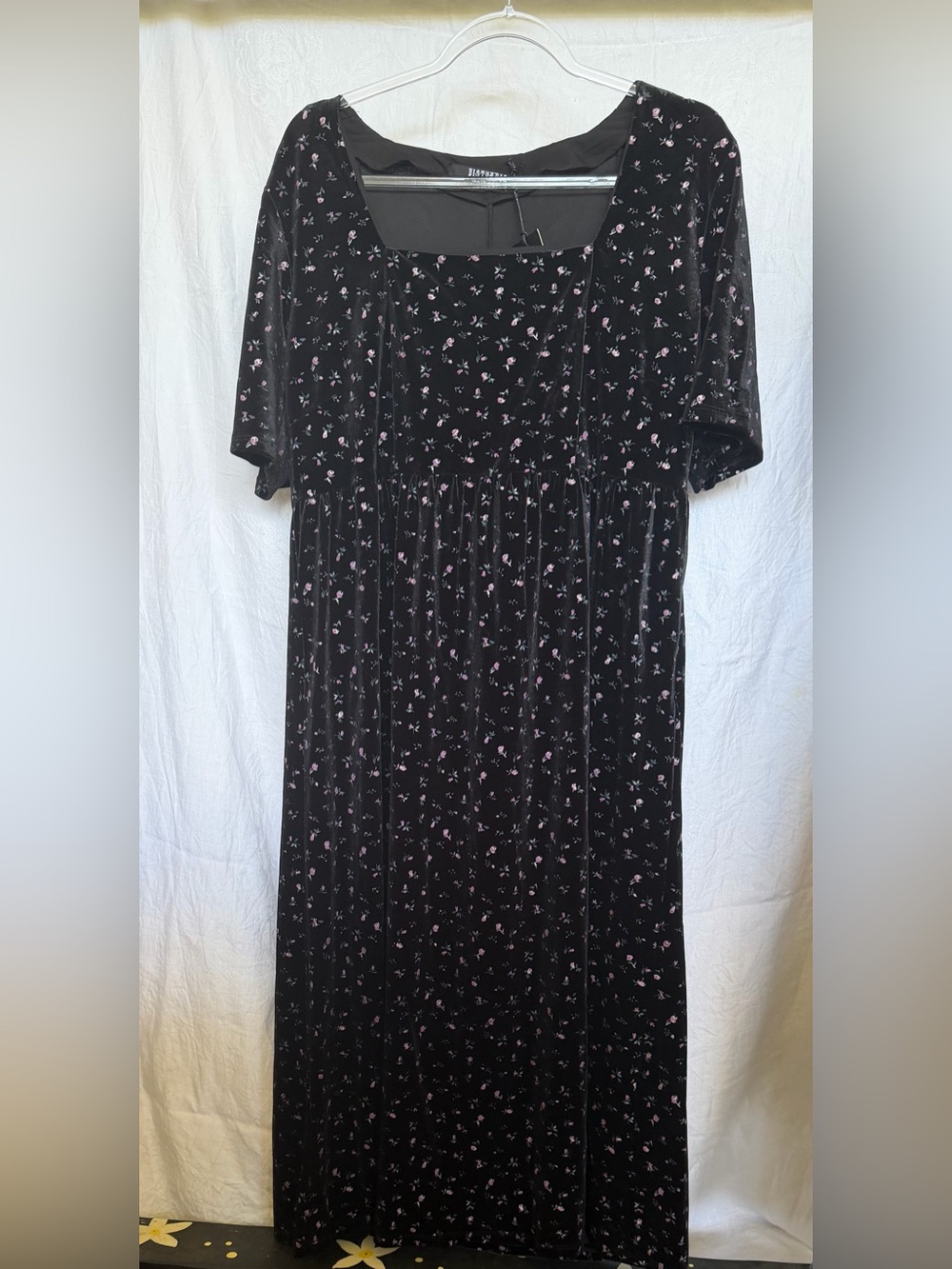 Disturbia Black Velvet Maxi Dress with Pink Floral Print